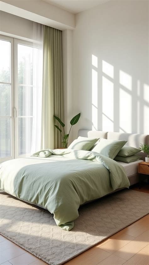 Layering different shades of sage green in the bedroom