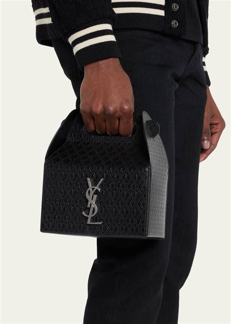 SAINT LAURENT Calfskin Crocodile Embossed Monogram Lunch Box Bag Black