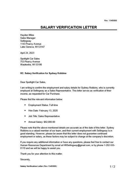 Salary Verification Letter Example
