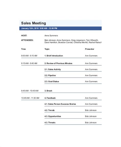 Free Sales Meeting Agenda Template Sample PDF Word eForms