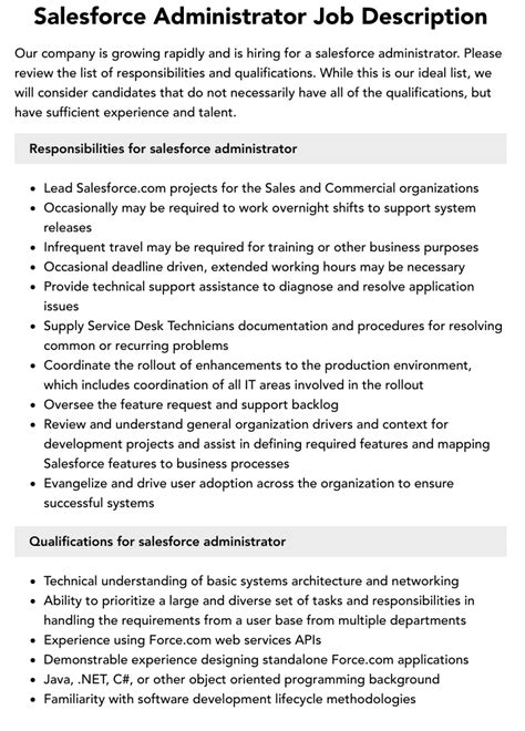 salesforce admin developer job description