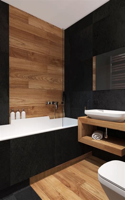 Idée décoration Salle de bain salle de bain noire et bois