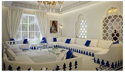 Salon Marocain Moderne Bleu Turquoise Meuble Chene Carrelage Blanc Salle à