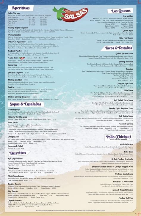Salsas Dinner Menu
