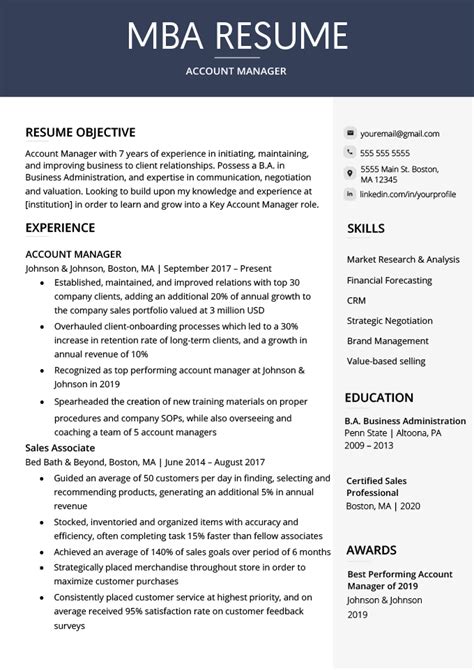 Sample resume for mba admission