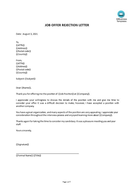 Formal Rejection Letter to Decline Job Offer (Sample