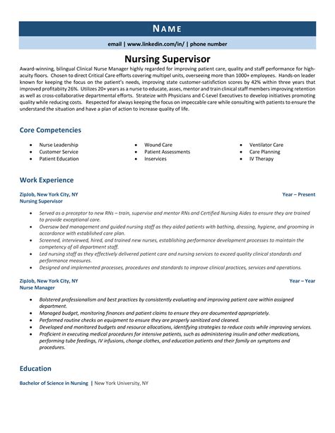 Resume For Nurse Supervisor Clinical Nurse Supervisor