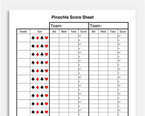 Printable Pinochle Score Sheets Download in PDF