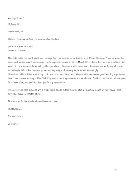 Cashier Resignation Letter Format Templates at