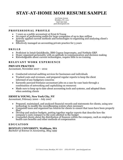 sample resume for stay at home mom returning to work