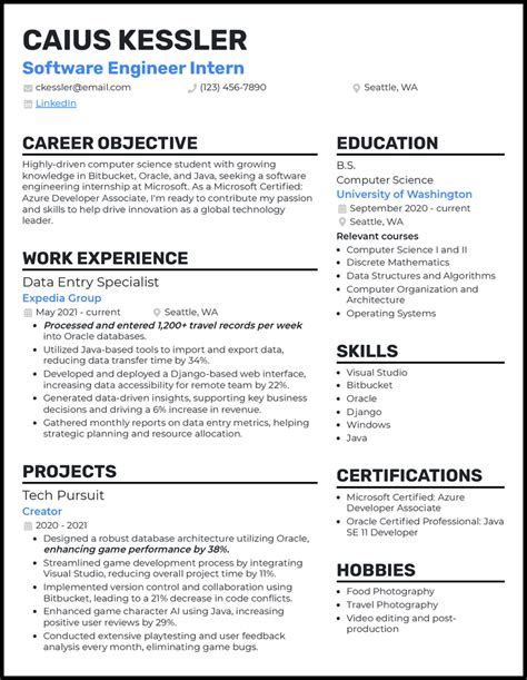 Sample Resume For Software Engineer Internship