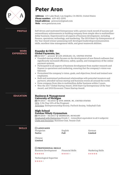 Startup Founder, CEO Resume Example Company Name White