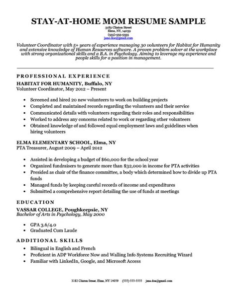 Stay At Home Mom Returning To Work Resume Free Resume