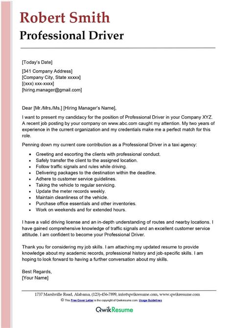 sample application letter for driver job