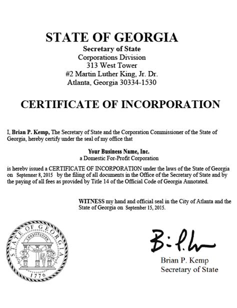 Sample Articles Of Incorporation Georgia