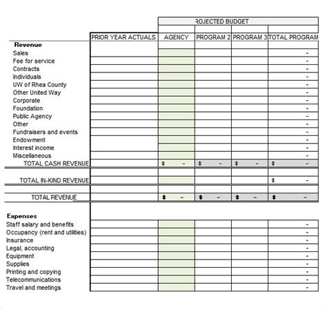 sample budget template for non profit