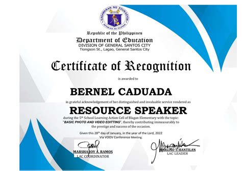 Sample Certificate Of Recognition For Speakers