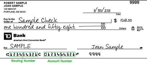 sample check showing routing number