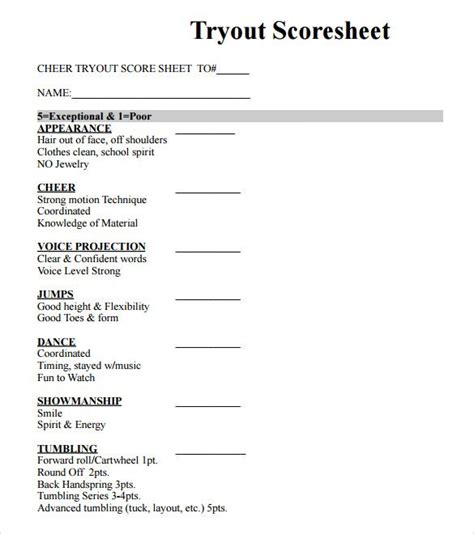 Cheerleading Tryout Score Sheet 4 Free Templates in PDF, Word, Excel