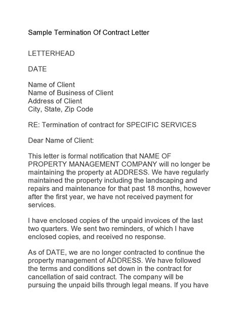sample contract termination letter contractor