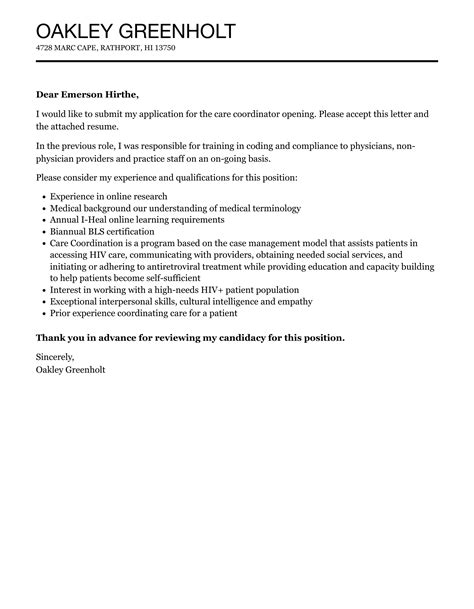 sample cover letter for care coordinator position