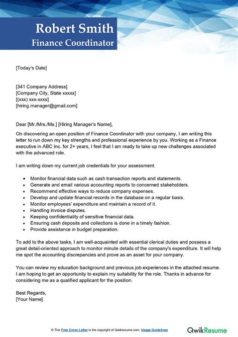Sample Cover Letter For Finance Coordinator