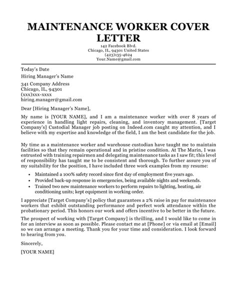 sample cover letter for maintenance job