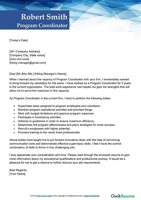 sample cover letter for program coordinator position