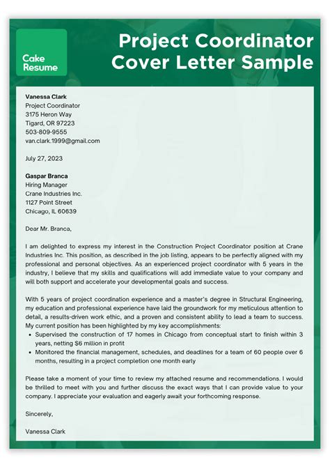 sample cover letter for project coordinator position