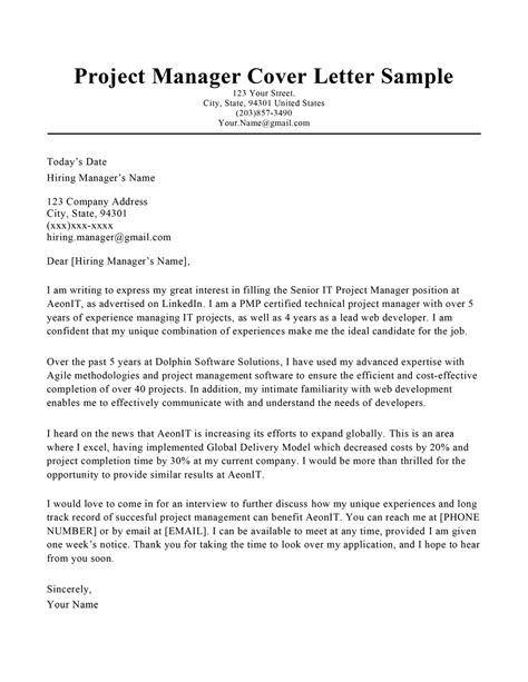 sample cover letter for project manager position