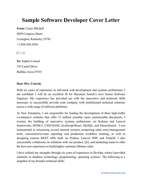 sample cover letter for software developer