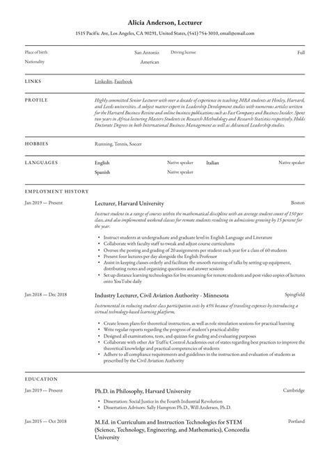 sample cv for lecturer position in university doc