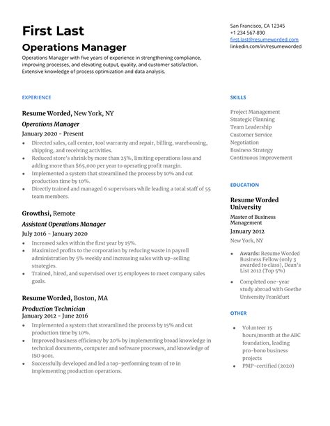 sample cv for operations manager