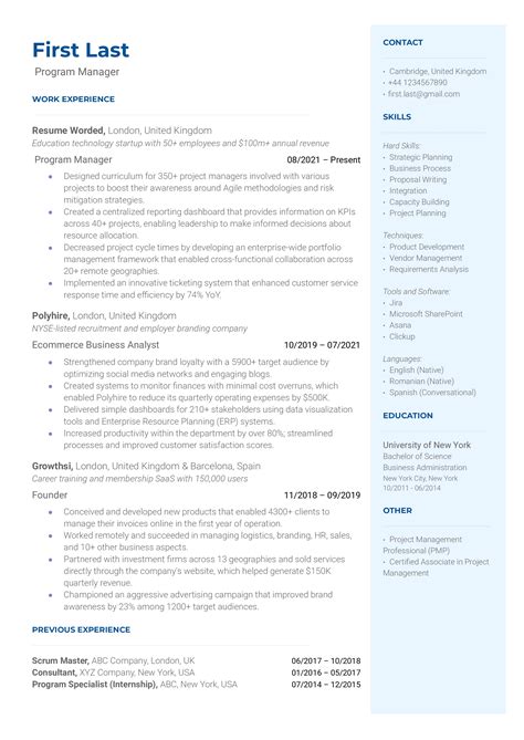 sample cv for program manager