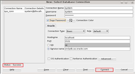 sample database connection for sql developer