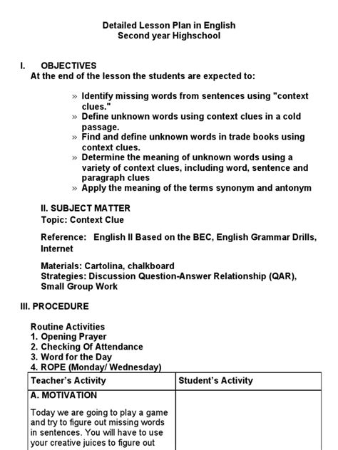 sample detailed lesson plan in english 2023