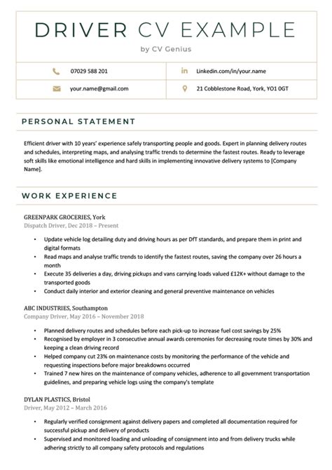 sample driver cv format in ms word