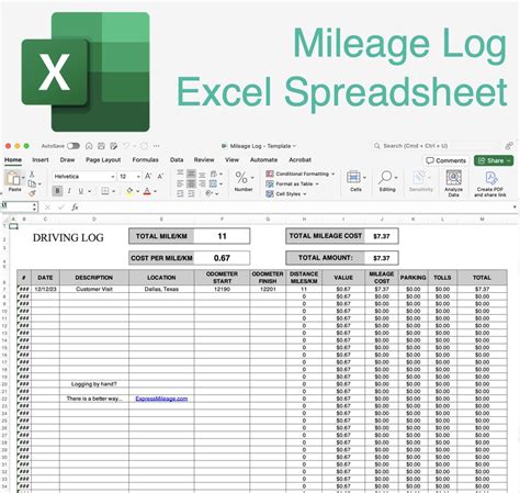Sample Excel Mileage Log