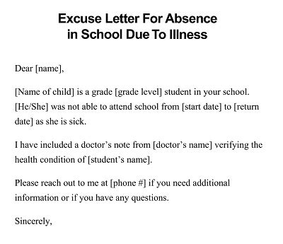 sample excuse letter for school due to sickness from parents