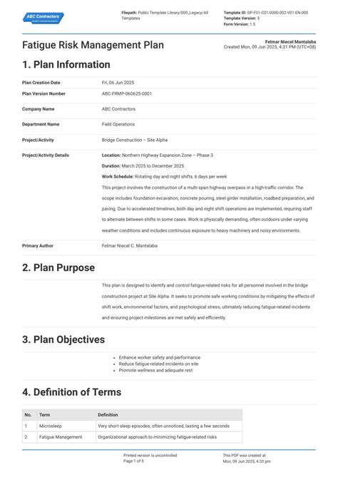 Sample Fatigue Management Plan