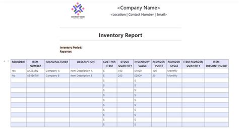 sample inventory report format in excel