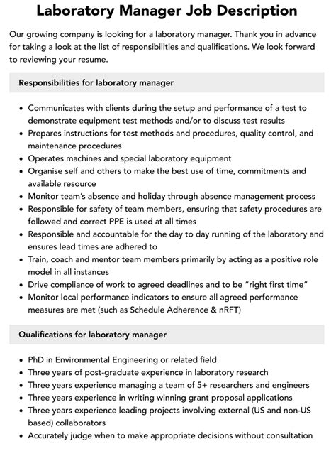 Sample Job Description For Laboratory Manager