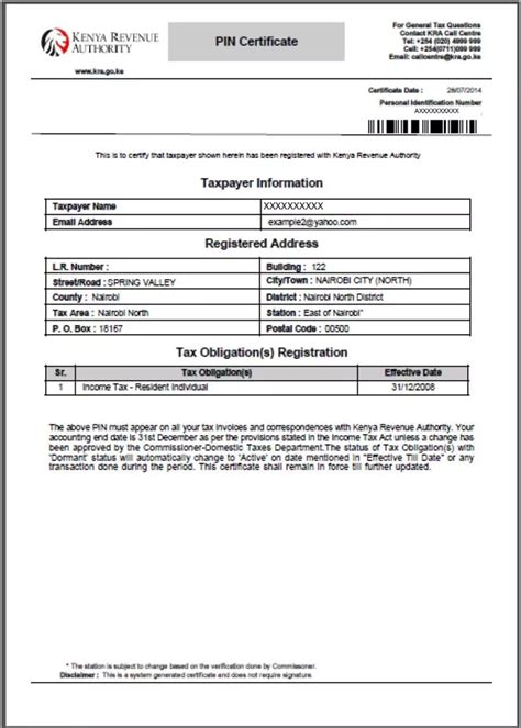 sample kra pin certificate