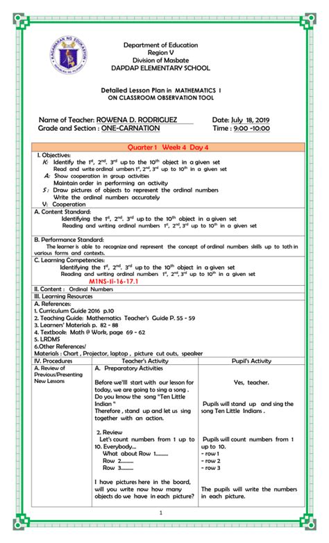 sample lesson plan in math grade 1 ordinal numbers