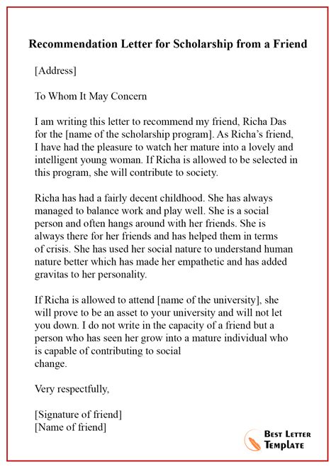 Sample Letter of Recommendation for Scholarship from Family Friend