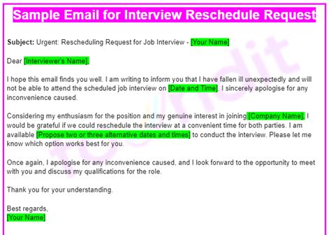 sample letter request to reschedule interview due to sickness