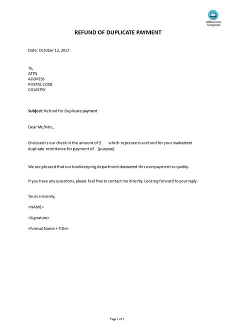sample letter requesting refund for duplicate payment