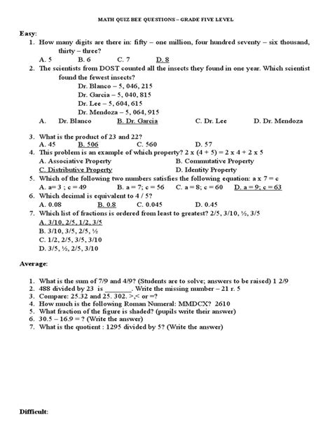 sample math quiz bee questions for grade 5 with answers