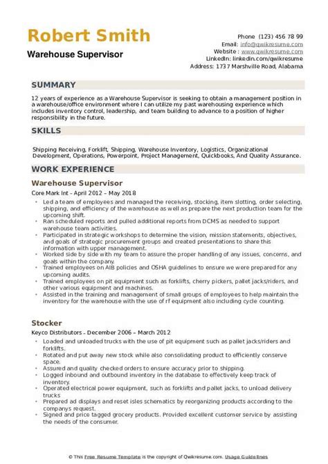sample objective in resume for warehouse supervisor