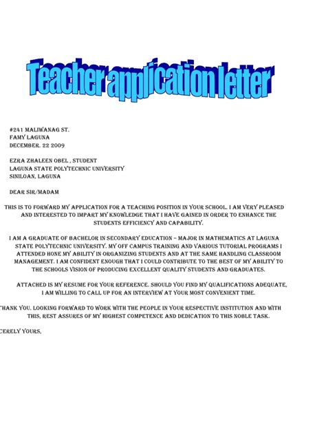 sample of an application letter for a teaching position
